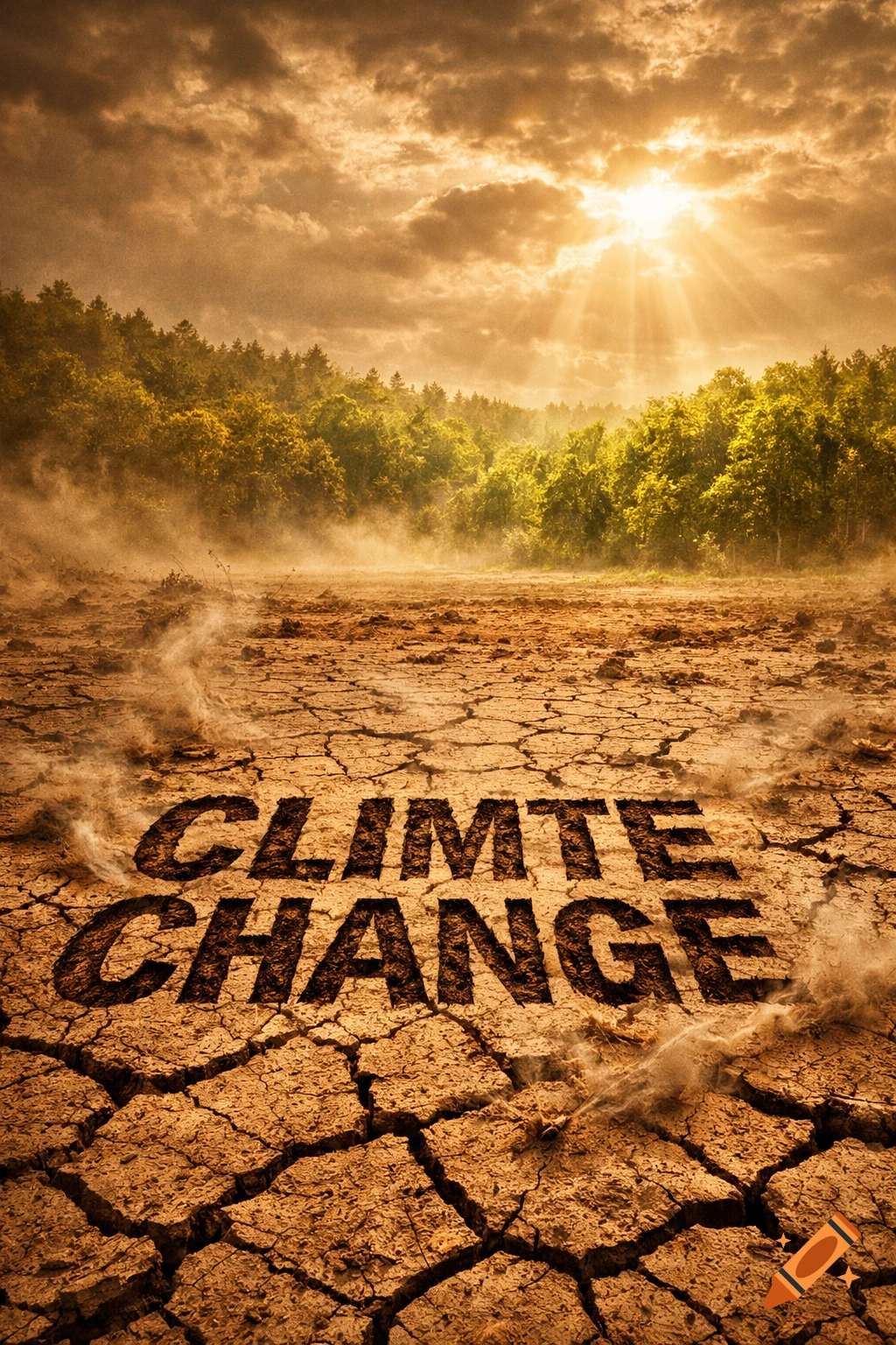 Cracked, dry earth with the words "CLIMTE CHANGE" carved into it, beneath a dramatic sky with sun rays over a distant forest.