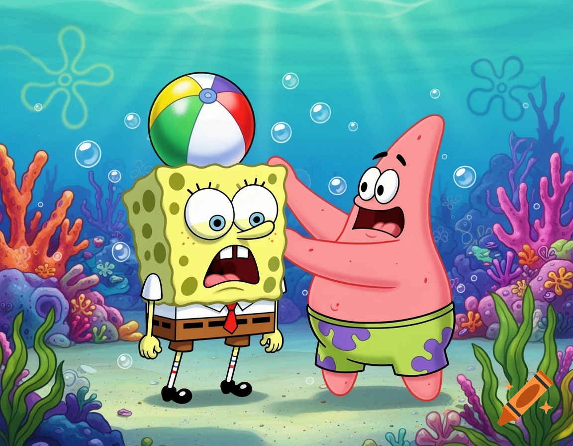 Cartoon of Patrick Star helping SpongeBob SquarePants remove a beach ball from his head underwater, surrounded by coral.
