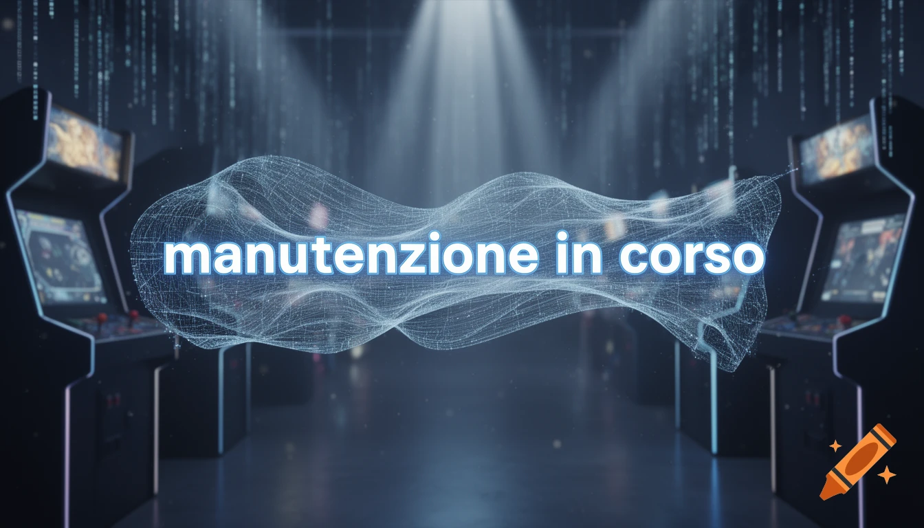 Blue and white digital banner with 'manutenzione in corso' text in a glowing wireframe, flanked by arcade machines in a dark, tech-themed room.