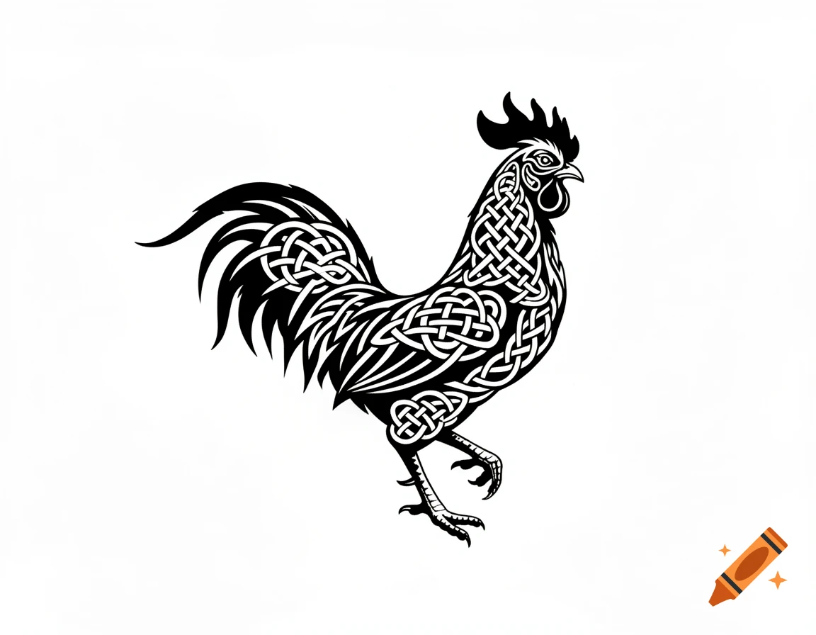 Black and white illustration of a rooster with its body formed from intricate Celtic knot patterns on a plain white background.