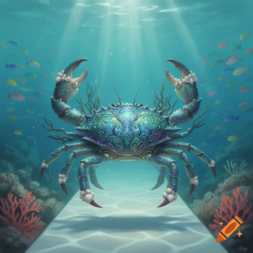 Ornate blue and green patterned crab with decorative claws underwater, surrounded by coral and schools of fish, with sunbeams from above.