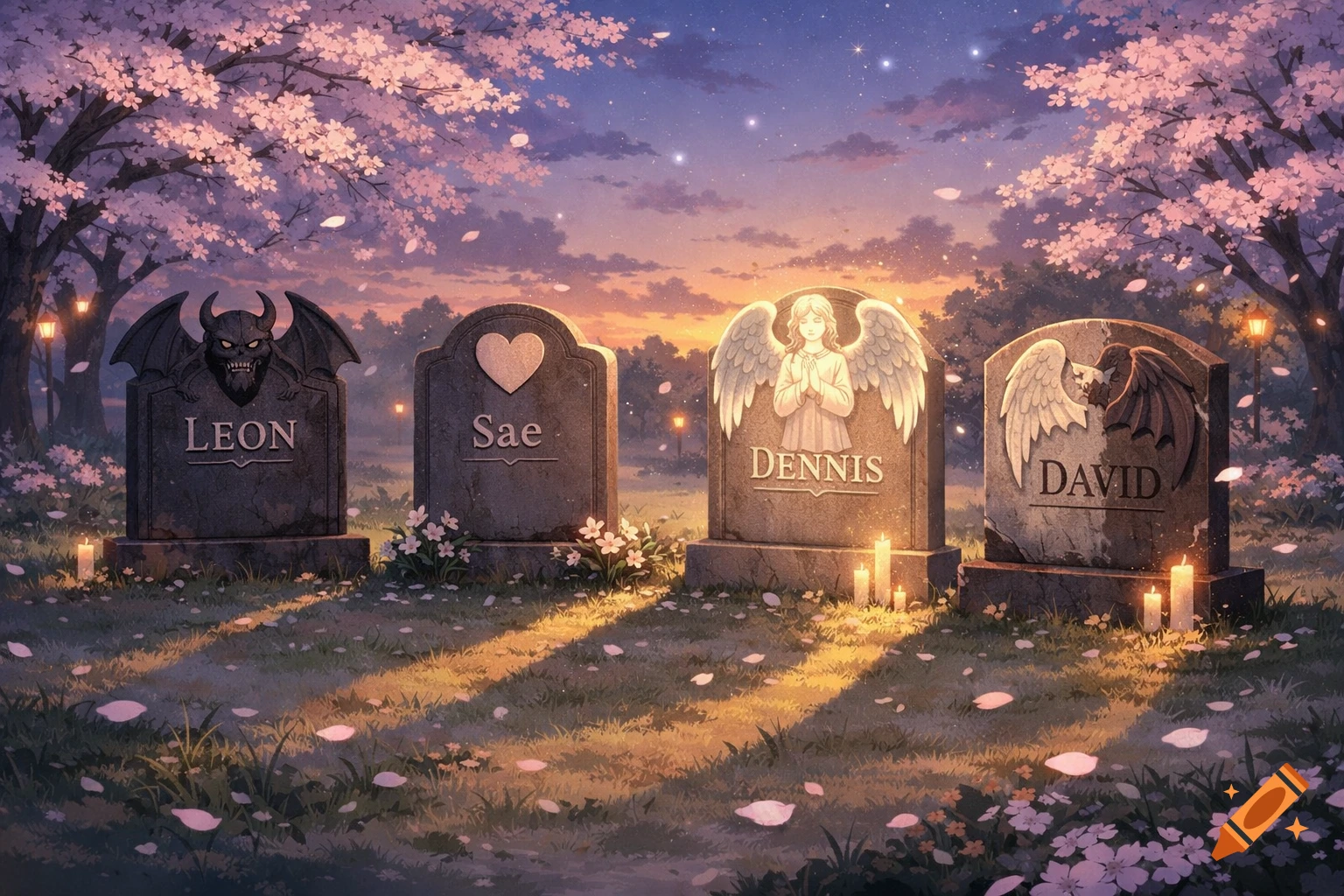 An anime graveyard scene at twilight with four gravestones under cherry blossom trees, glowing candles, and scattered petals.