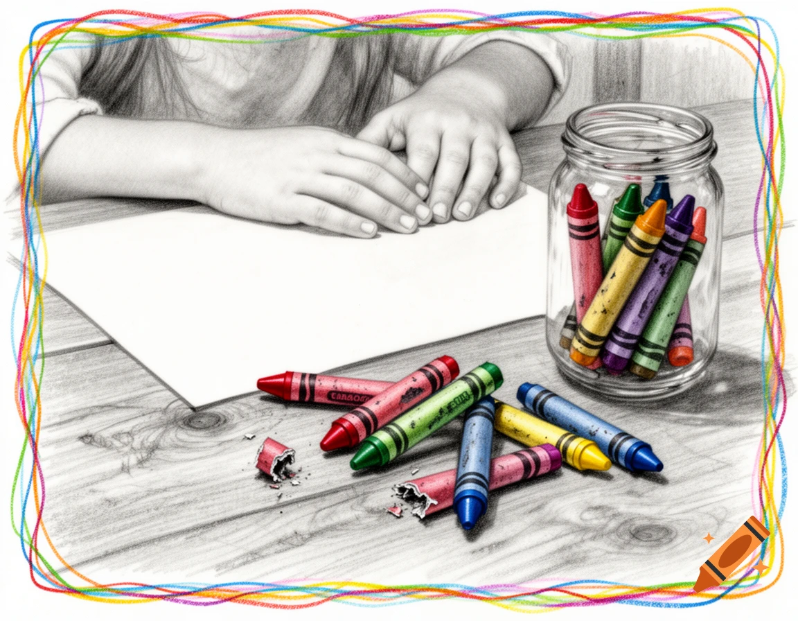 Pencil drawing of child's hands on blank paper, with worn colorful crayons scattered and in a jar, framed by a rainbow border.