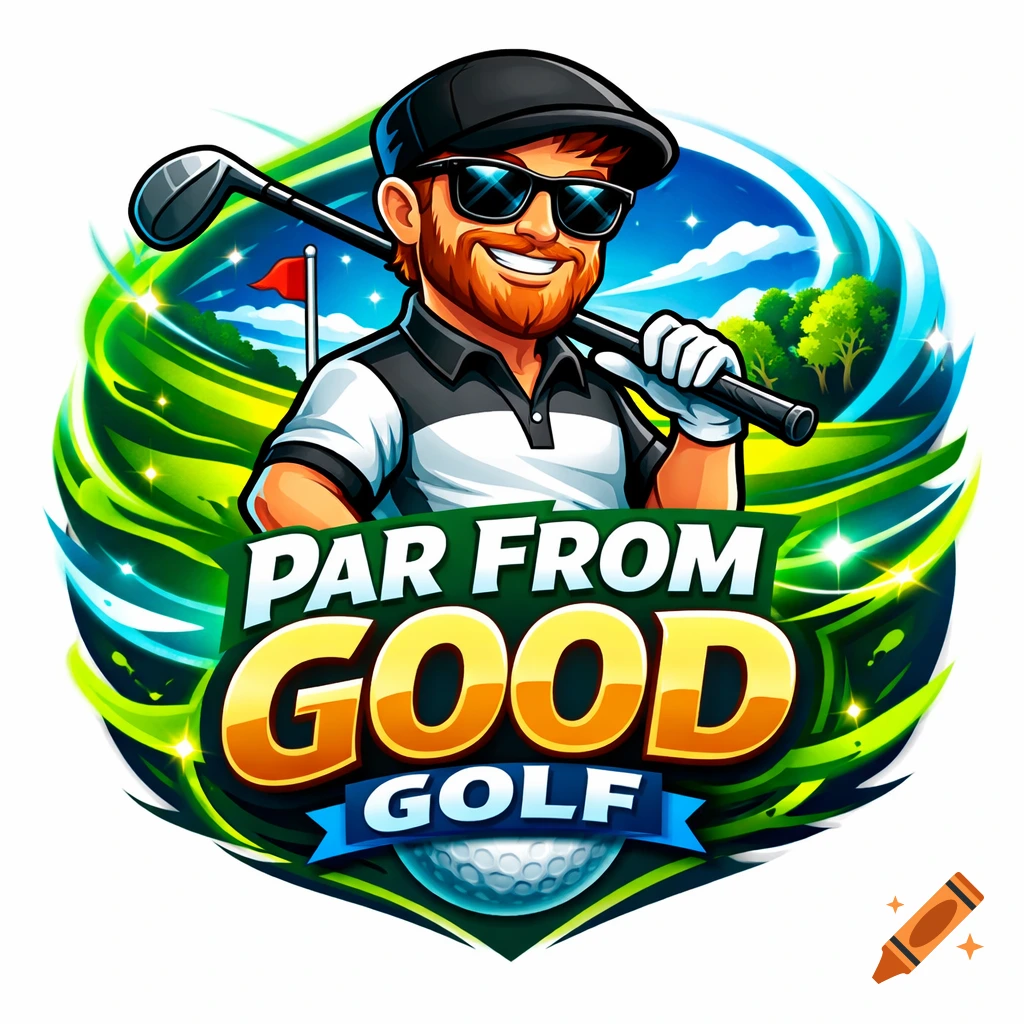 Cartoon Irish golfer logo in sunglasses and cap, holding a club on a golf course background, with 'PAR FROM GOOD GOLF' text.