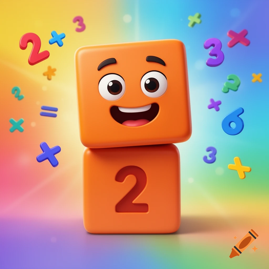 A stack of two orange blocks, the top one with a smiling face, the bottom with the number 2, surrounded by colorful math symbols and numbers on a rainbow background.