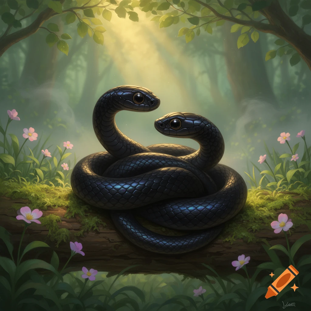 Two shiny black snakes intertwined on a mossy log in a sunlit forest with pink flowers. Digital painting style.