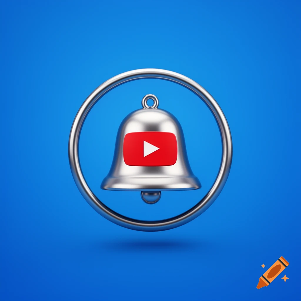 A silver notification bell with a red YouTube play button inside, all enclosed in a silver circle against a blue background.