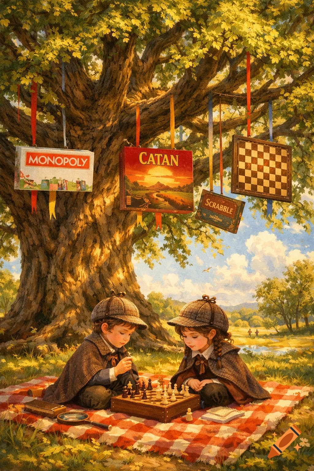 Two children in Sherlock Holmes-style outfits play chess on a red and white picnic blanket under a large tree, with board game boxes hanging from the branches in a whimsical, painted style.