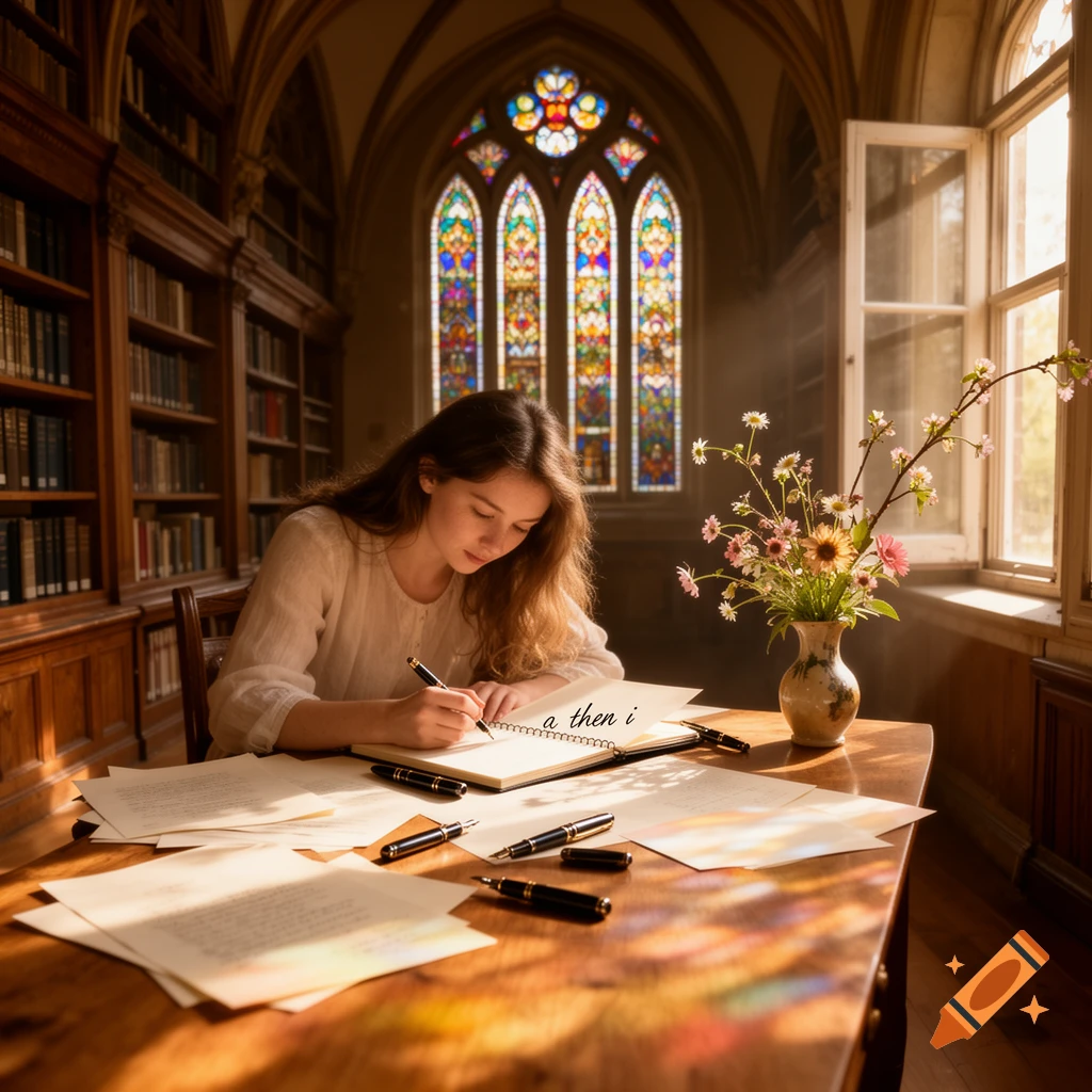 A young woman writes in a notebook at a sunlit wooden desk in a grand library with stained glass windows.