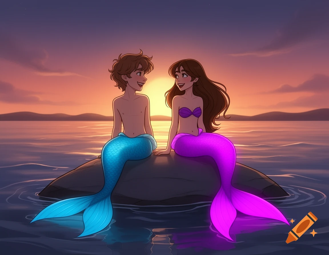 Cartoon of two mermaid children with blue and purple tails sitting on a rock, smiling at each other on the ocean at sunset.