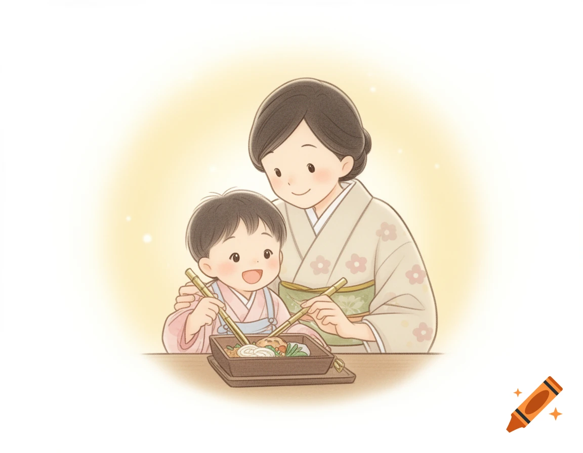 Japanese children's book illustration of a mother and child eating with chopsticks from a bento box.