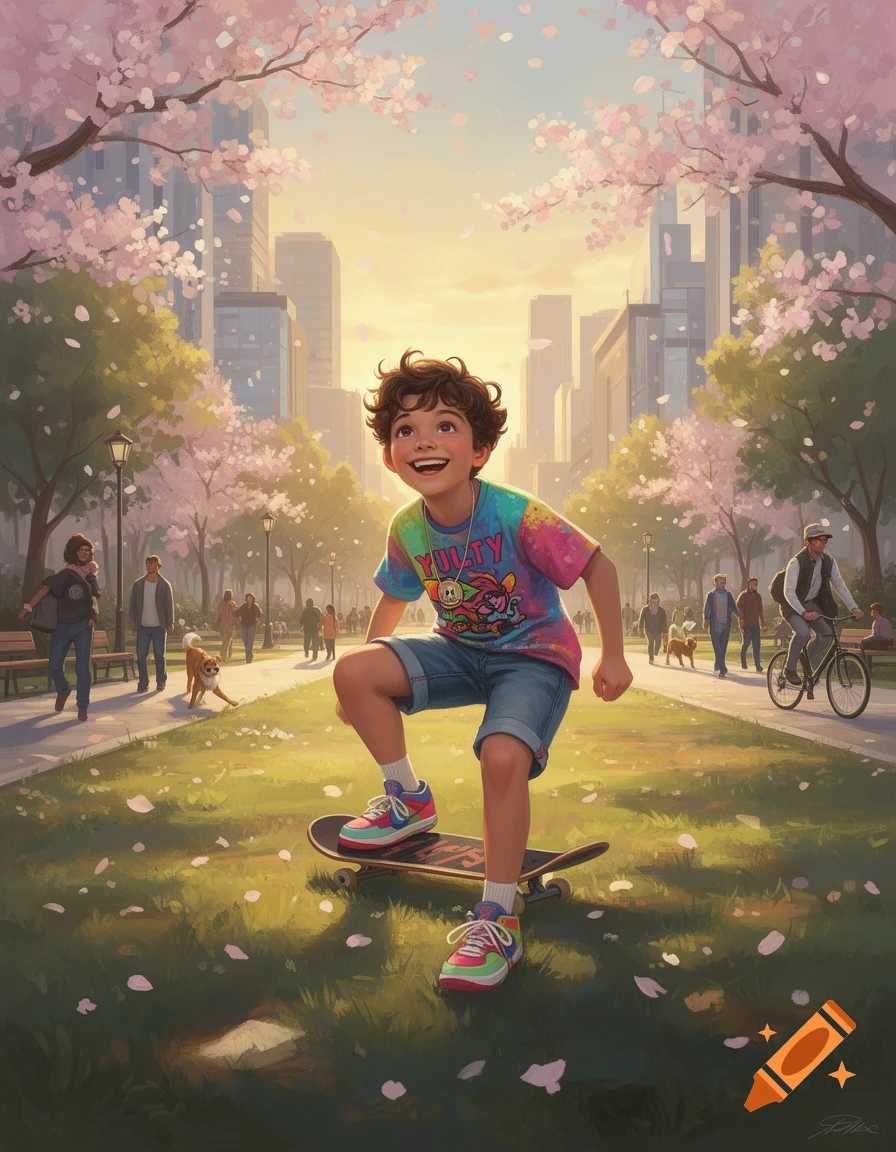 A happy boy on a skateboard in a city park filled with pink cherry blossoms and falling petals, digital art.