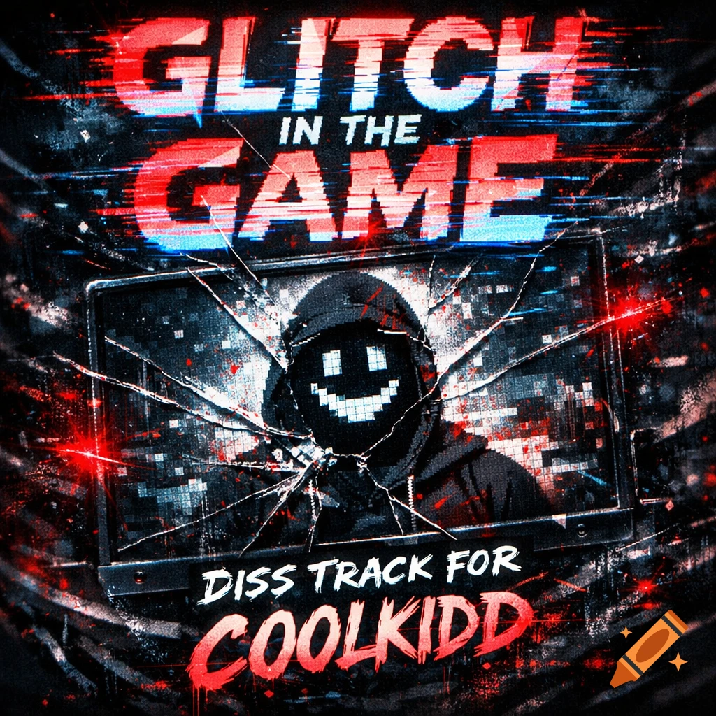 A dark, glitchy music thumbnail with red and blue text 'GLITCH IN THE GAME' and 'DISS TRACK FOR COOLKIDD' over a pixelated avatar on a cracked screen.