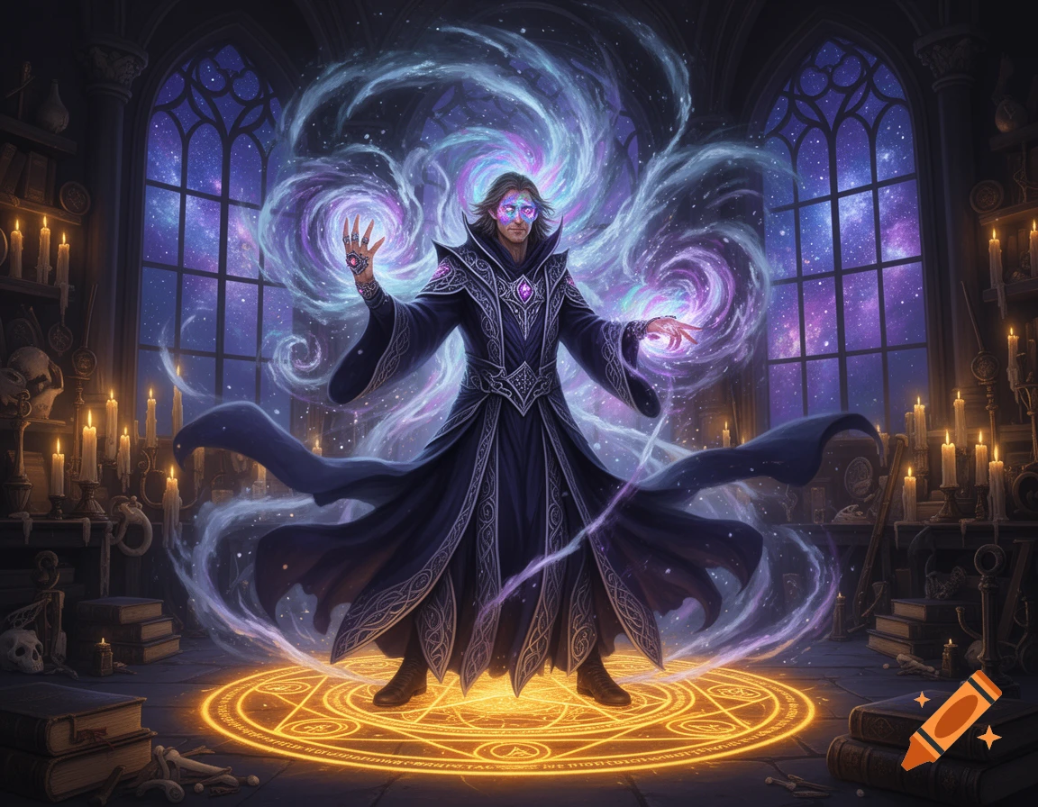 A sorcerer in dark robes casts a spell with glowing hands inside a magic circle, surrounded by candles and cosmic windows.