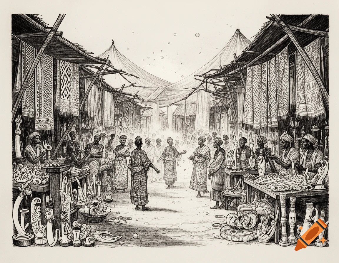 Black and white drawing of a bustling African marketplace with people, stalls, hanging fabrics, and various goods like ivory.