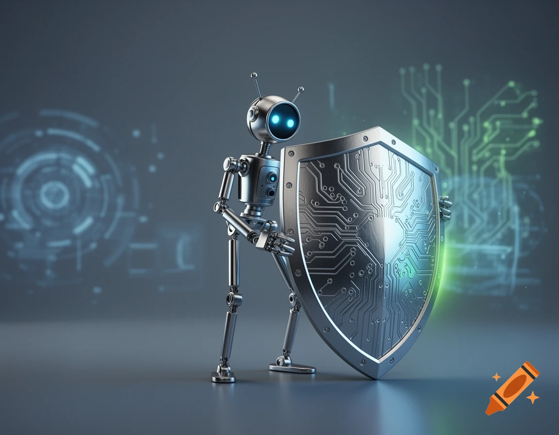 A metallic robot with glowing blue eyes stands holding a large shield adorned with a circuit board pattern. The background features blurred digital elements.