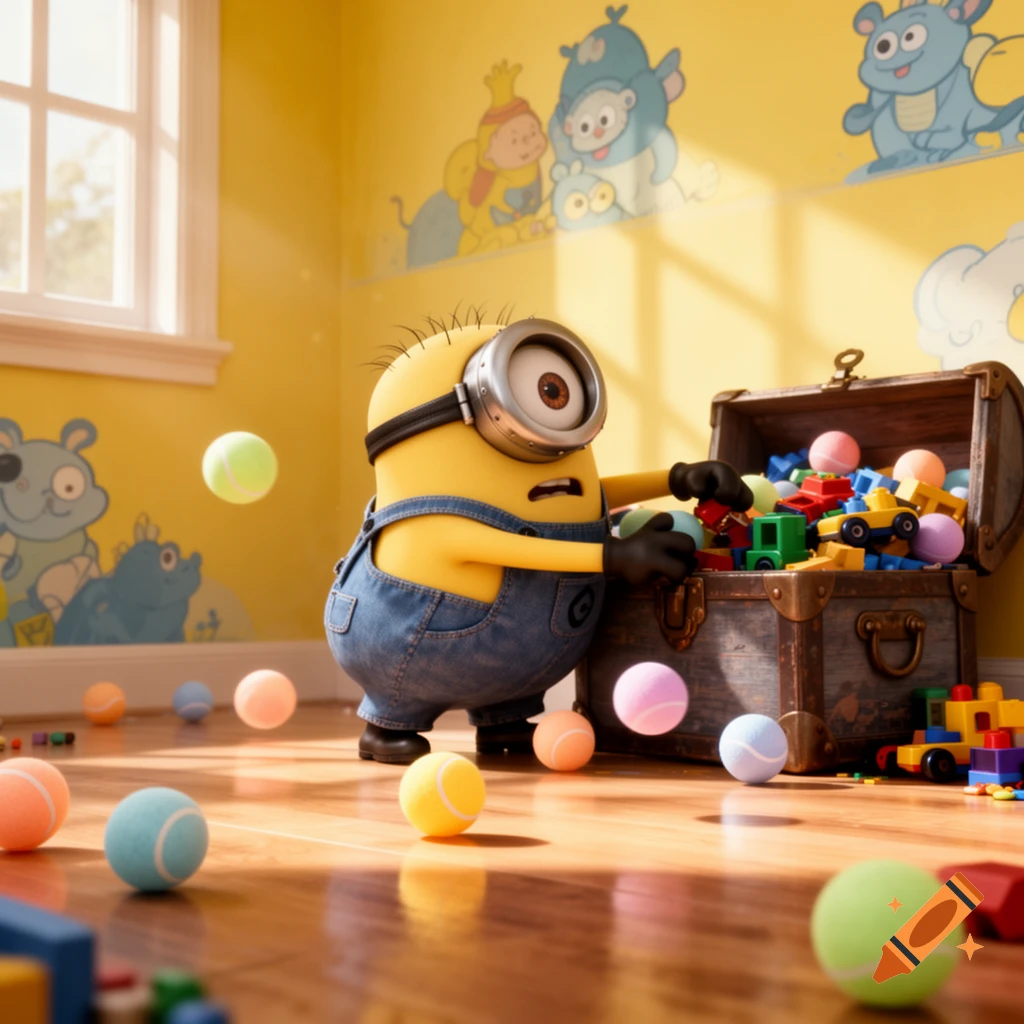 A Minion wearing overalls looks into a wooden toy chest filled with colorful blocks and balls, in a sunlit child's room with cartoon wall murals. Colorful balls are scattered on the wooden floor.