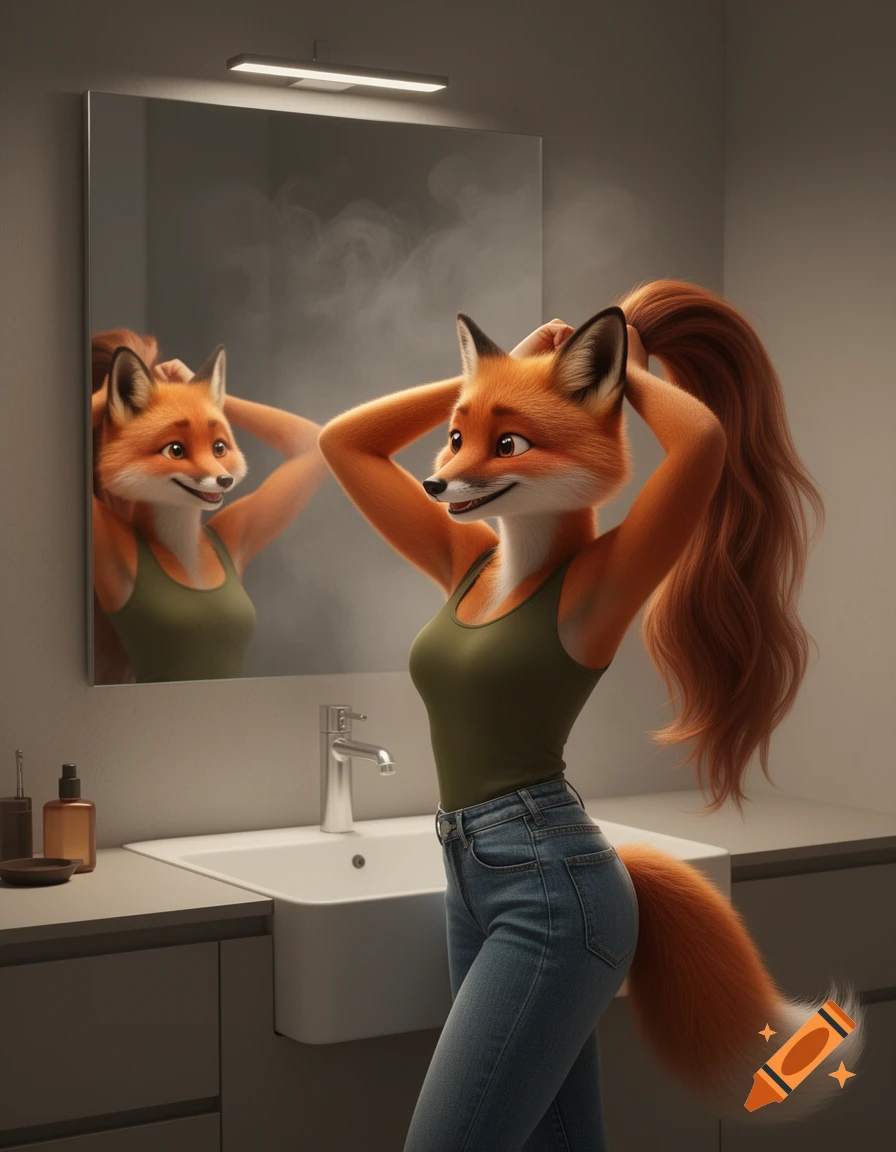 An anthropomorphic female fox in a tank top and jeans tying her long red hair into a ponytail in a bathroom, smiling at her reflection.