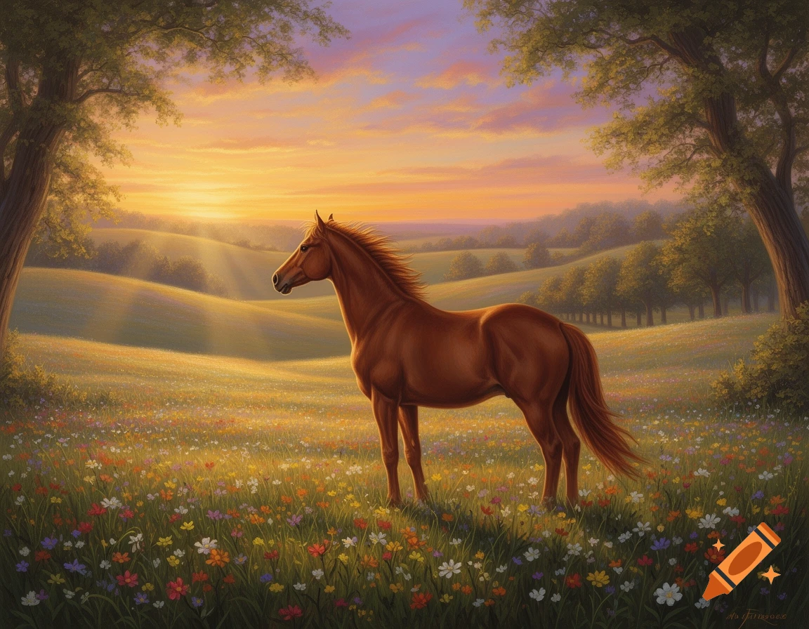 A brown horse stands in a vibrant wildflower field at sunset, framed by trees, in a picturesque landscape painting.