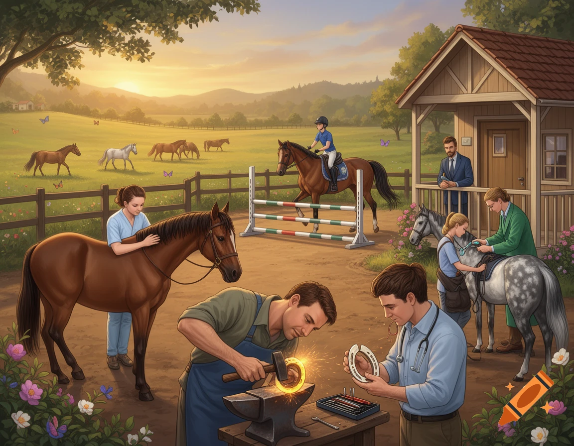 A vibrant illustration of an equestrian center with various professionals: a farrier, vet, rider, and manager, surrounded by horses and fields.
