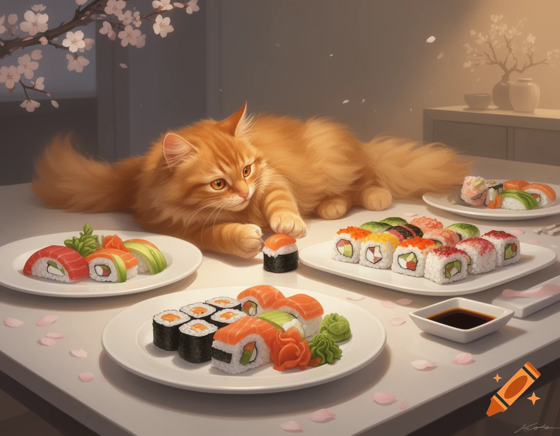 A fluffy ginger cat lounges on a table surrounded by plates of colorful sushi and scattered cherry blossoms.
