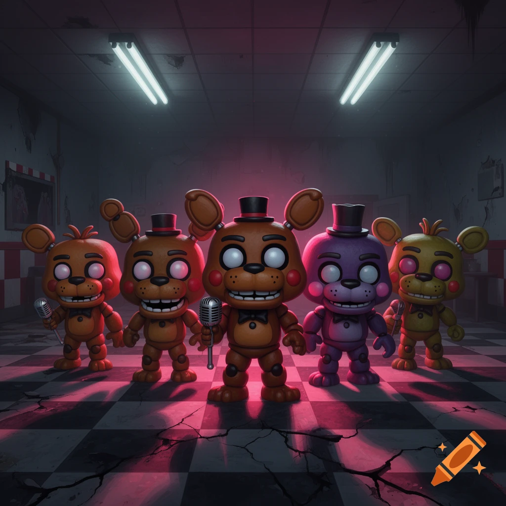 Five Nights at Freddy's Funko Pop figures stand in a dark, ominous room with a checkered floor and neon pink lighting.