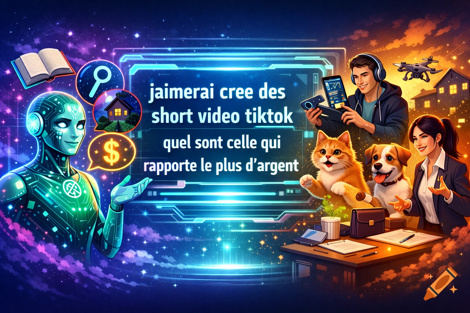A vibrant digital art image featuring a green robot, a man, a woman, a cat, and a dog around a glowing screen displaying French text about making money on TikTok, set against a futuristic, starry background.