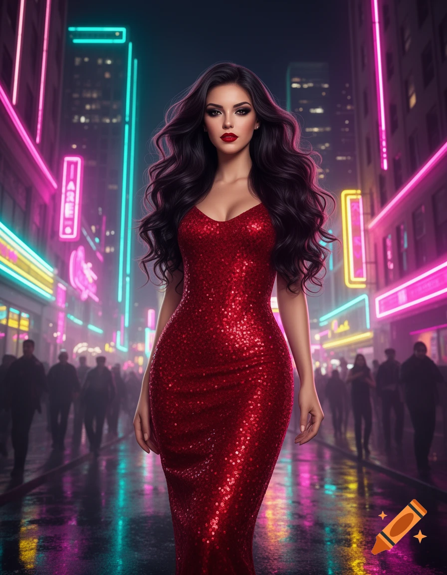 A woman with long dark hair in a red sequined gown walks down a neon ...