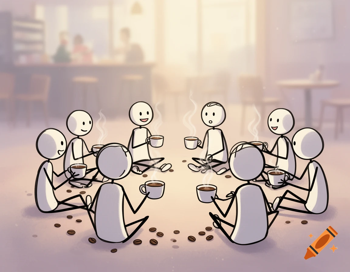 Cartoon stick figures sit in a circle on the floor of a cafe, holding steaming coffee cups with coffee beans scattered around them.