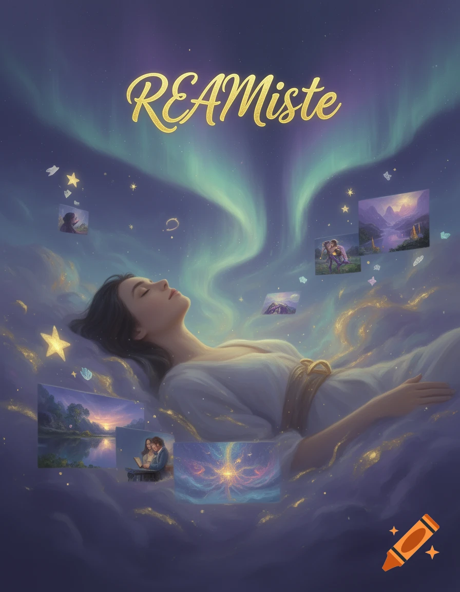 A woman sleeps peacefully on clouds under an aurora, surrounded by floating dream images. The word 'REAMiste' is above her.