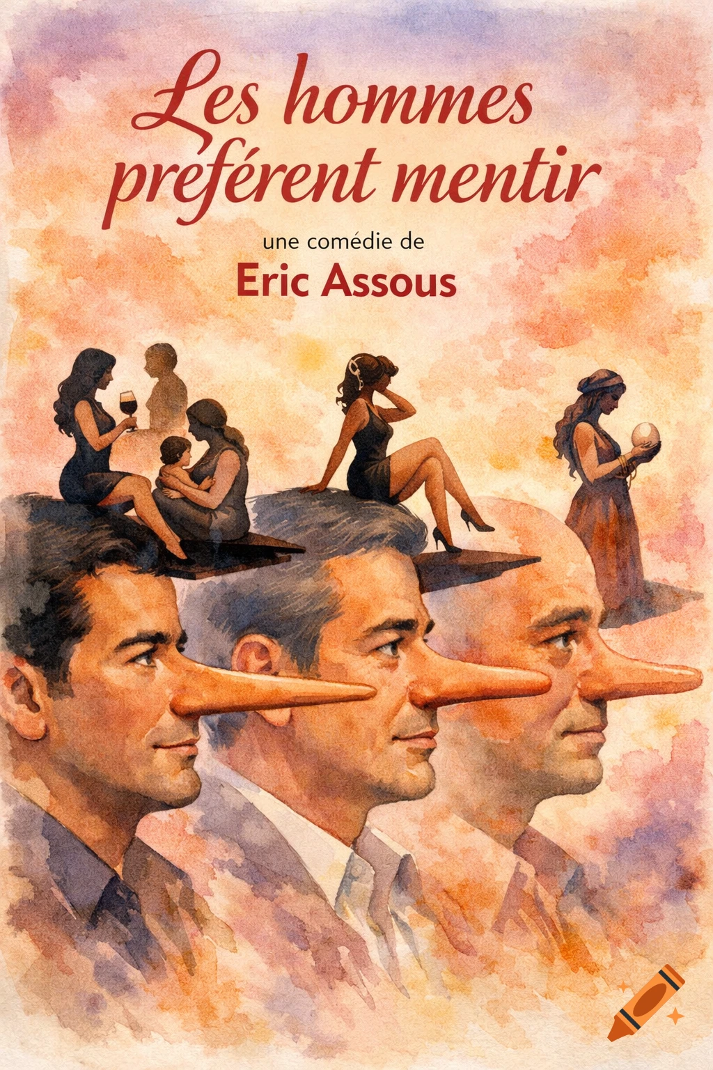 Watercolor poster of three men with long Pinocchio noses, with silhouettes of women on their noses, under the title 'Les hommes préfèrent mentir'.