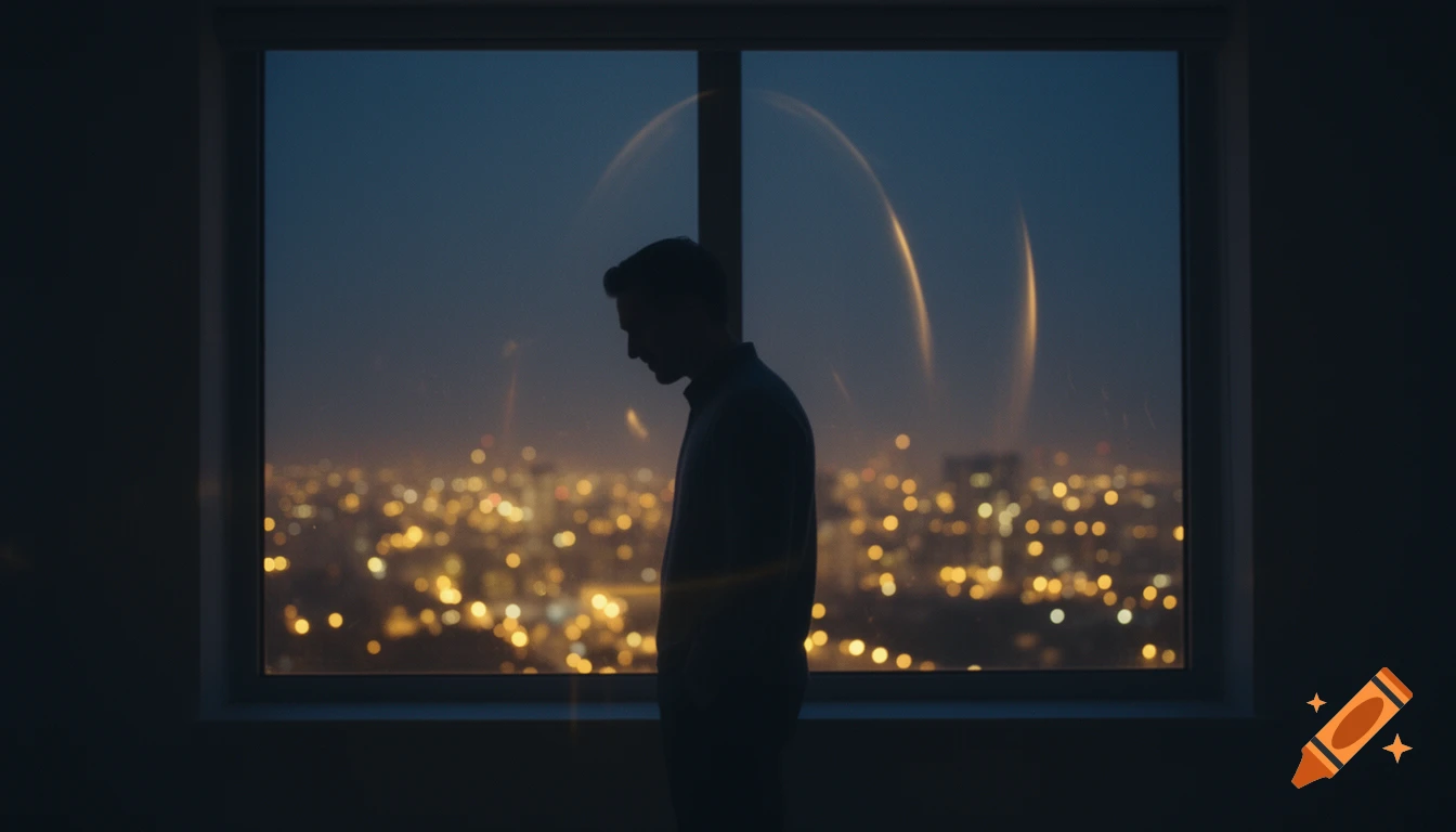 A man's silhouette stands by a window at night, looking out at a blurry, glowing city skyline with light reflections on the glass.