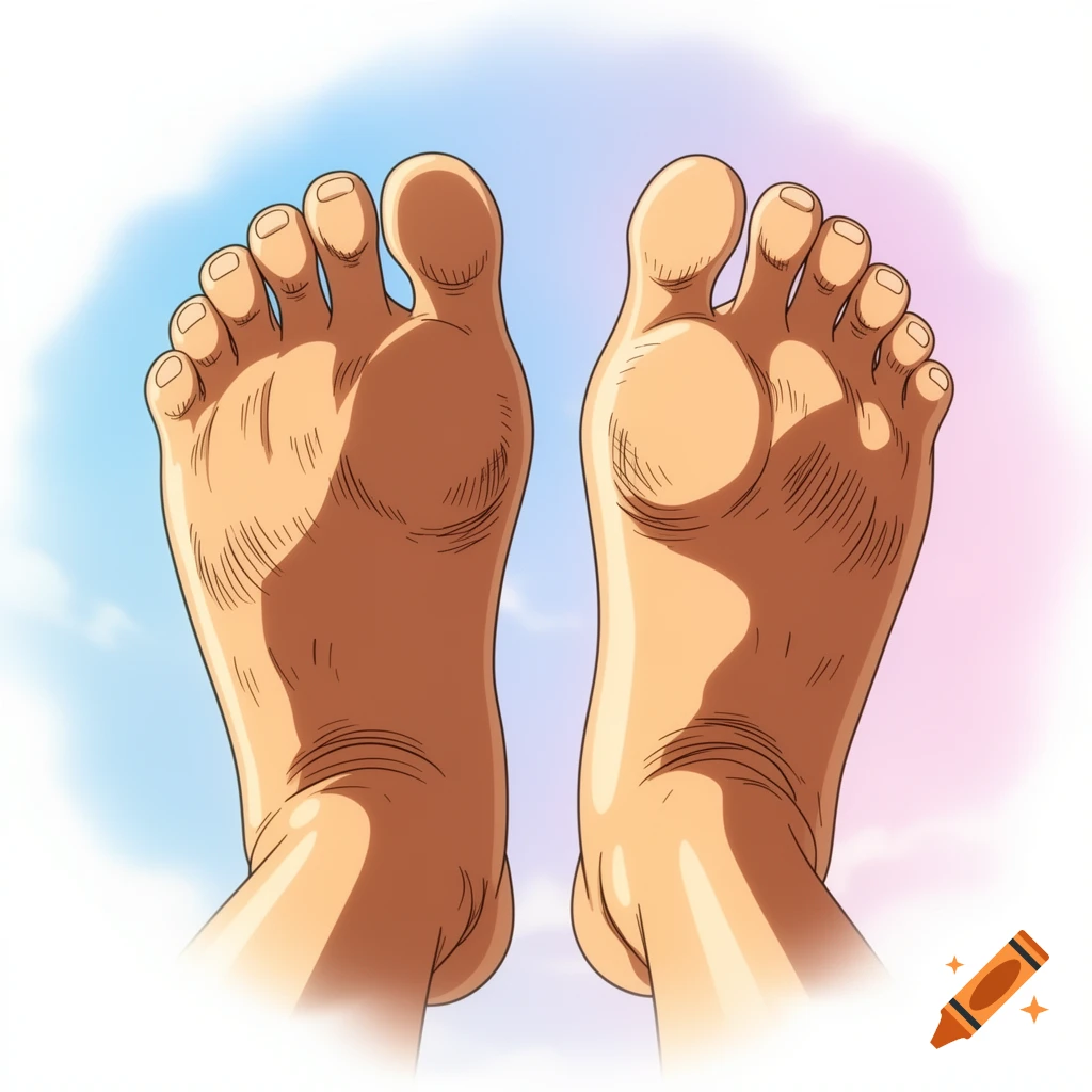 A close-up anime illustration of two bare feet soles against a soft blue and pink sky background.