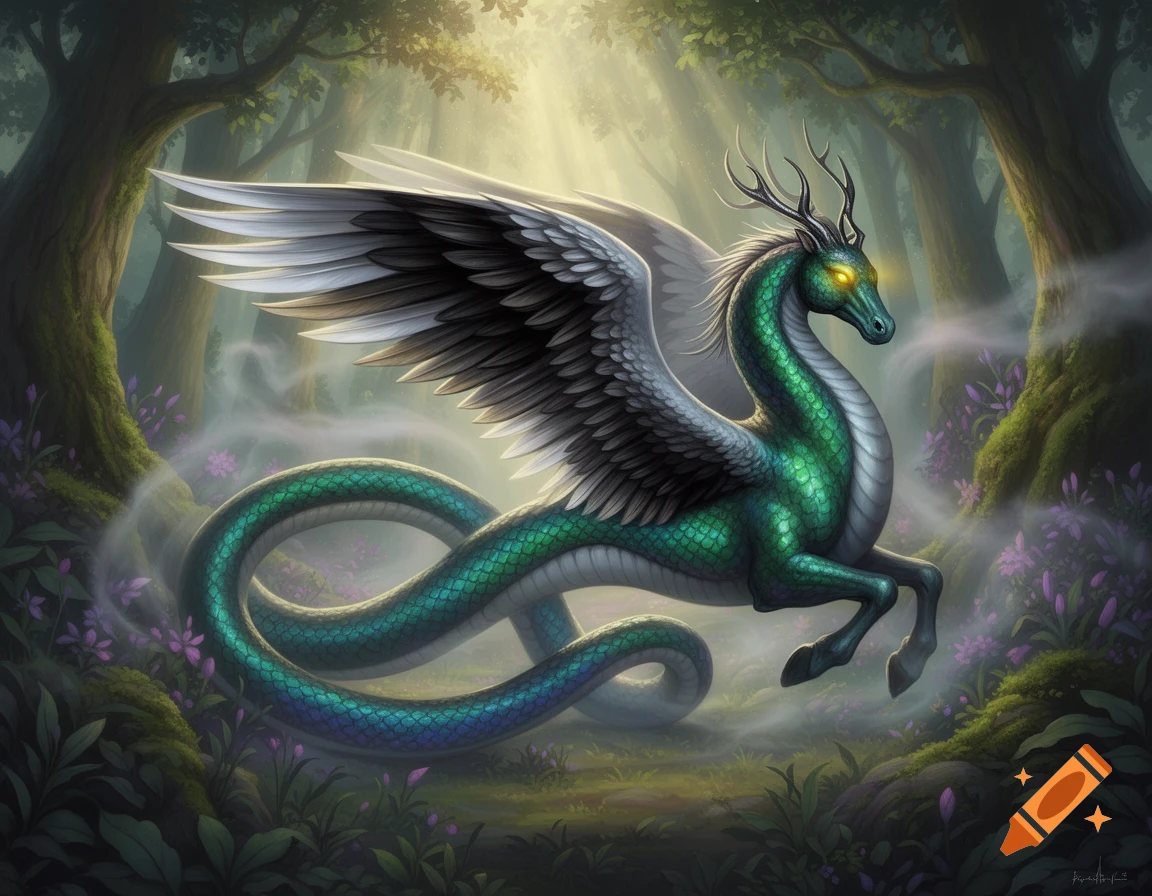 A vibrant green, scaled mythological creature with large feathery wings, deer antlers, and horse-like front legs floats in a mystical forest bathed in sunlight.