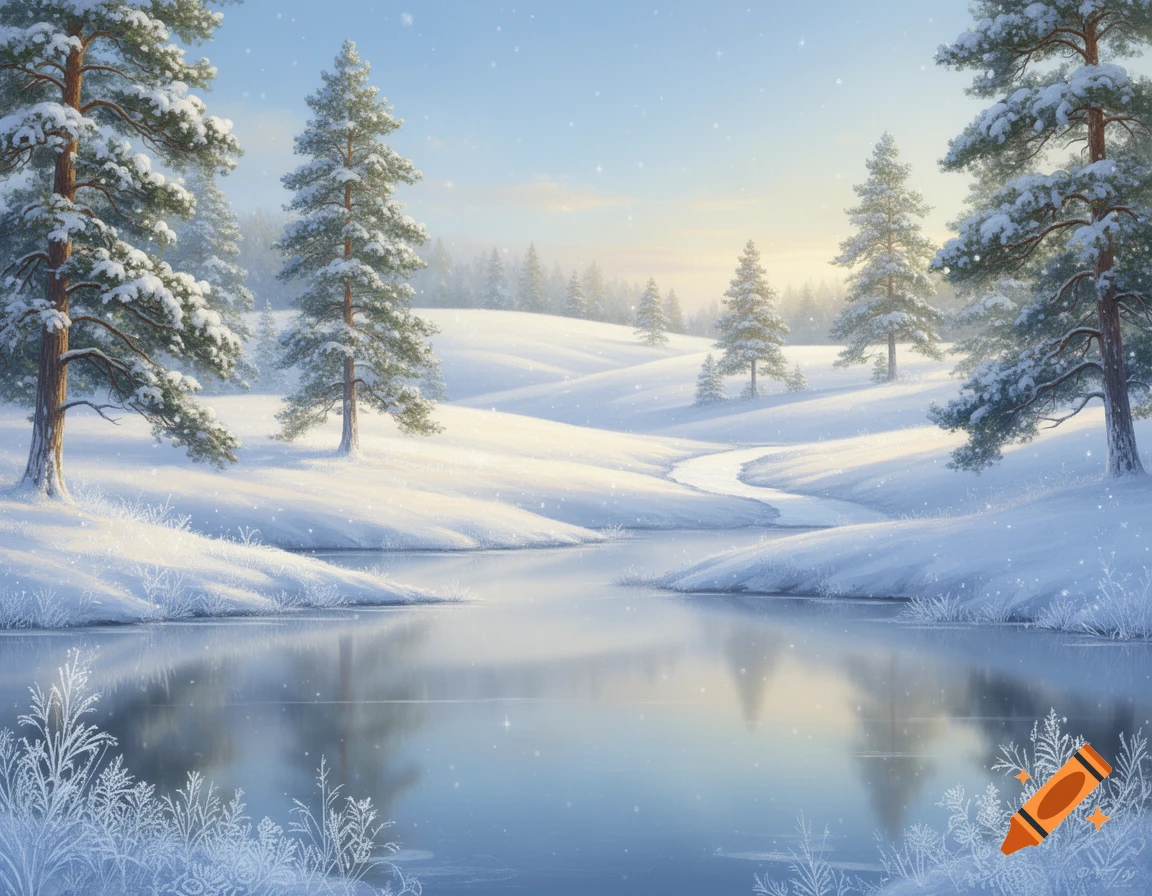 A serene winter landscape with snow-covered pine trees on rolling hills ...