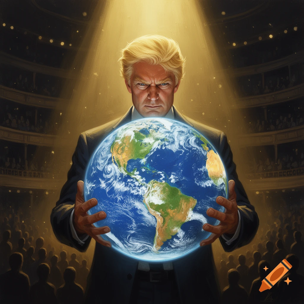 Donald Trump sternly holds a glowing Earth in his hands under a spotlight in a stylized, painterly image.