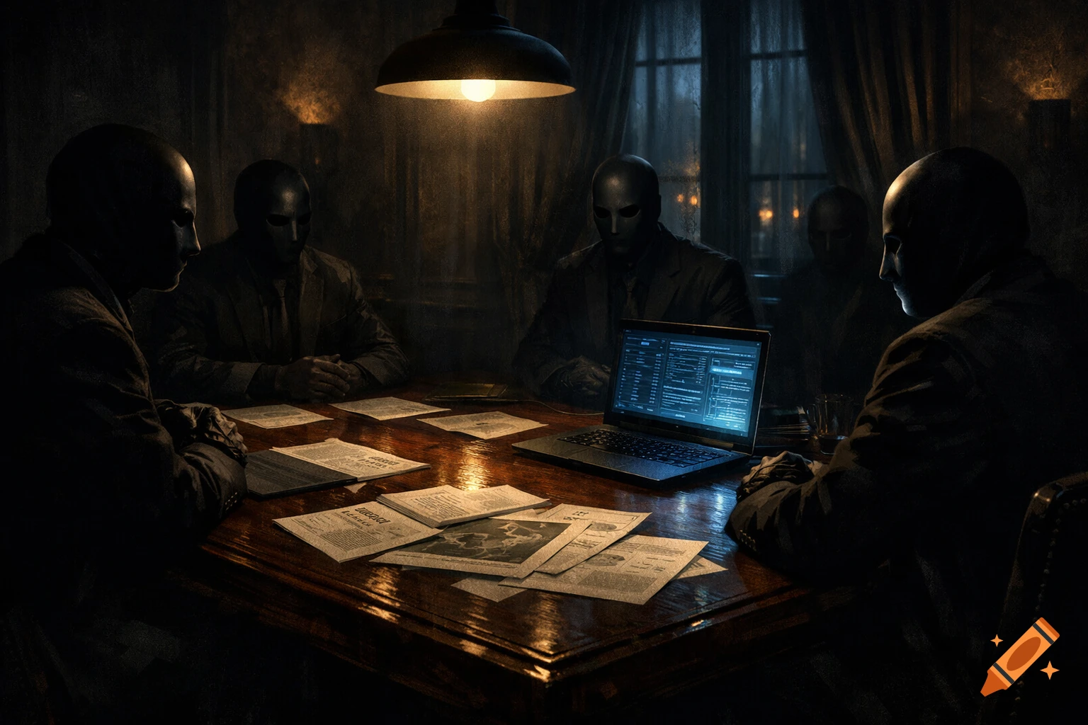 Masked figures in suits gather around a table with documents and a glowing laptop in a dimly lit, secretive room, in a dark, atmospheric style.
