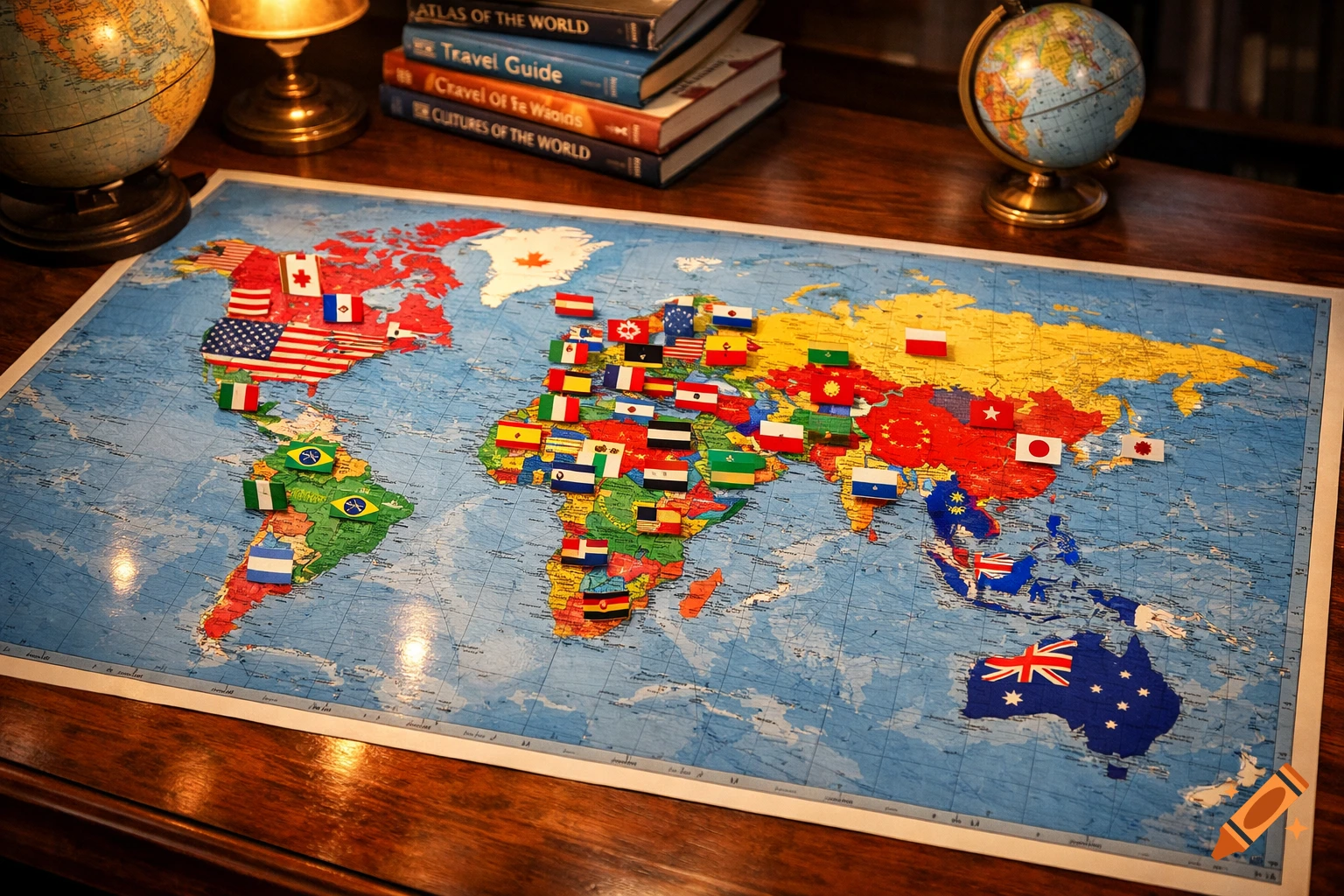 A world map spread on a wooden table, adorned with numerous national flags placed on their respective countries, flanked by globes and travel books.