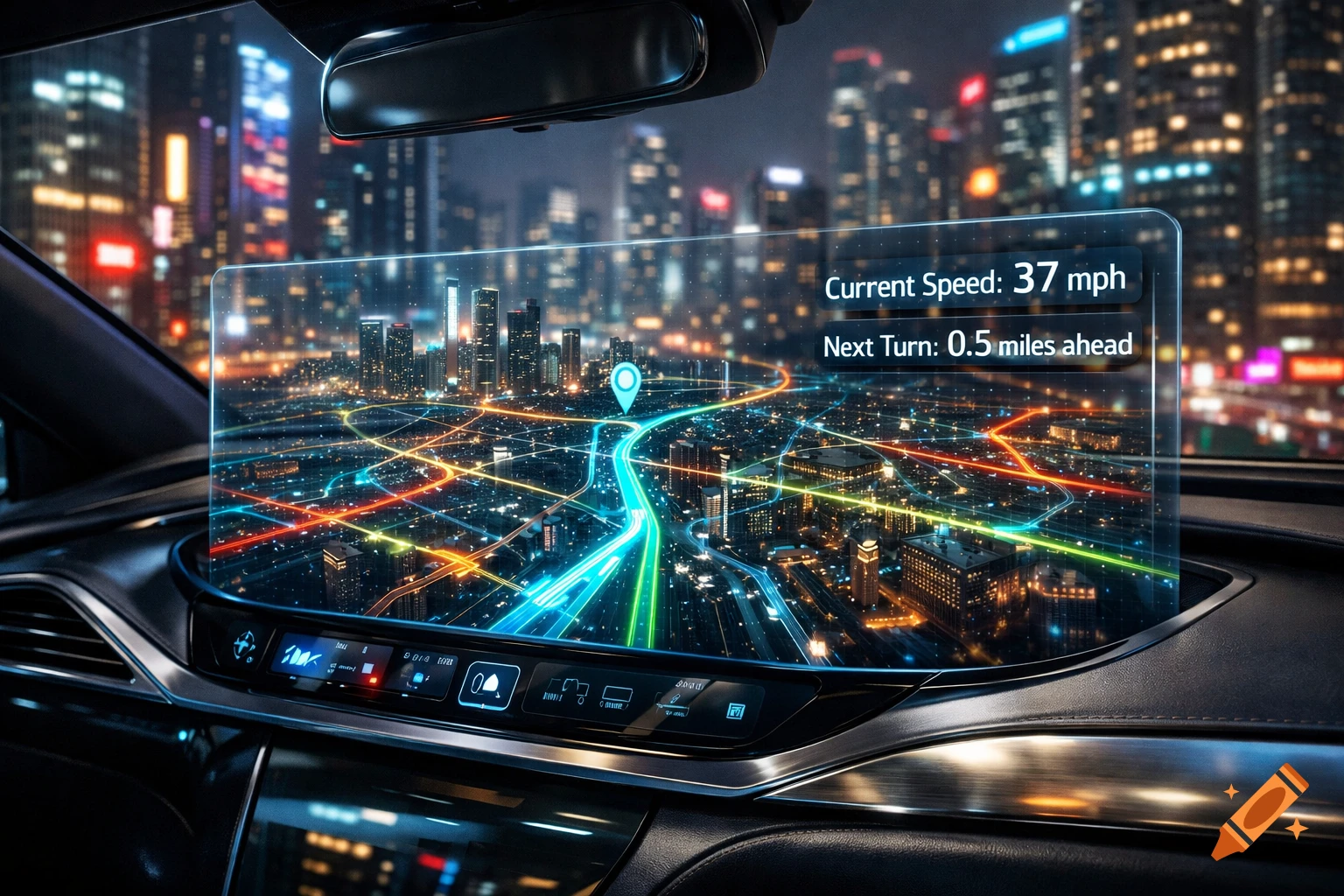 A futuristic car interior at night shows a holographic GPS display overlaying a vibrant, illuminated cityscape, with navigation details.