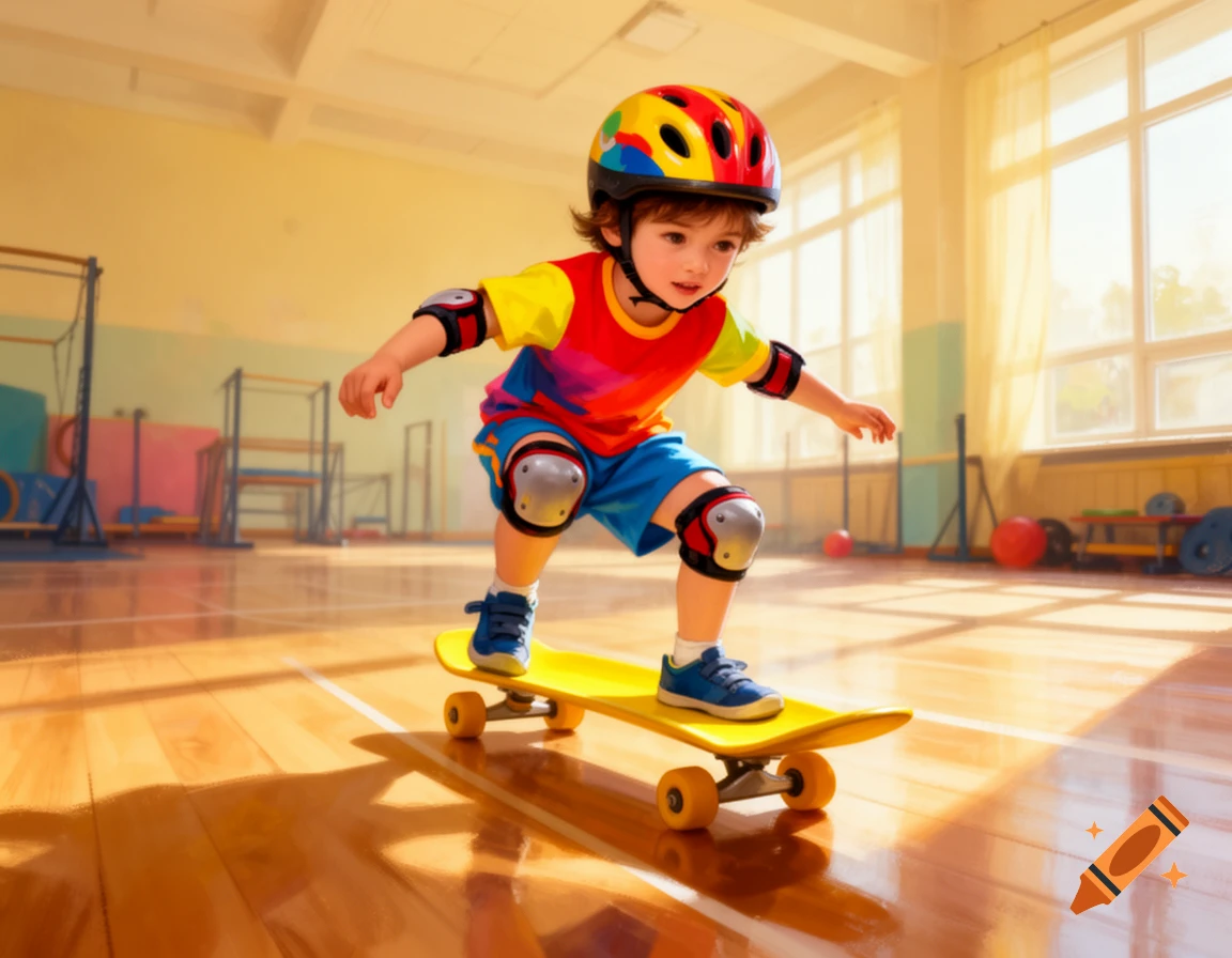 A young child in a colorful helmet and pads rides a yellow skateboard in a sunlit gym.