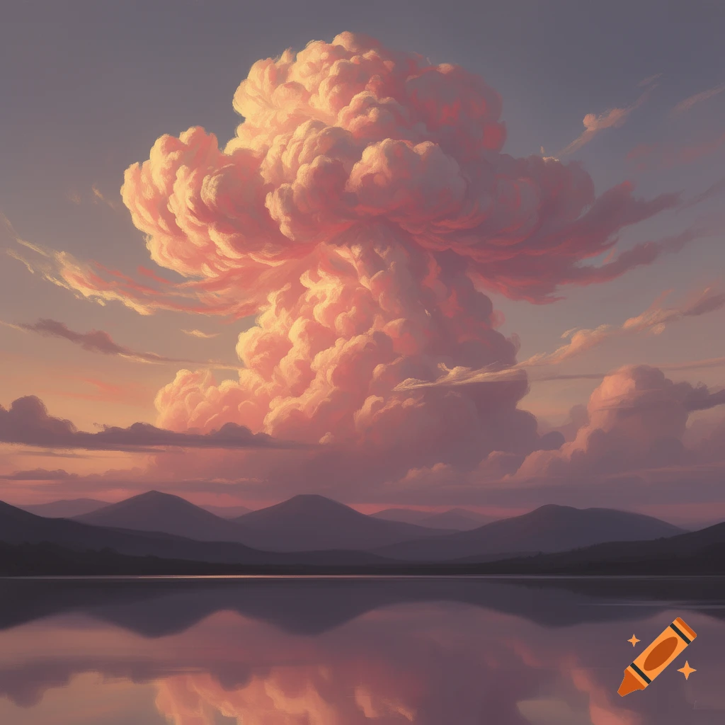 A large, fluffy, pink cloud formation reflected in a calm lake with dark mountains under a colorful sky at sunset.