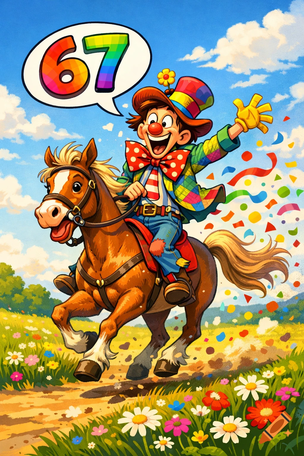 A colorful cartoon clown in a patchwork suit rides a horse through a field of flowers, with confetti and a speech bubble saying "67".