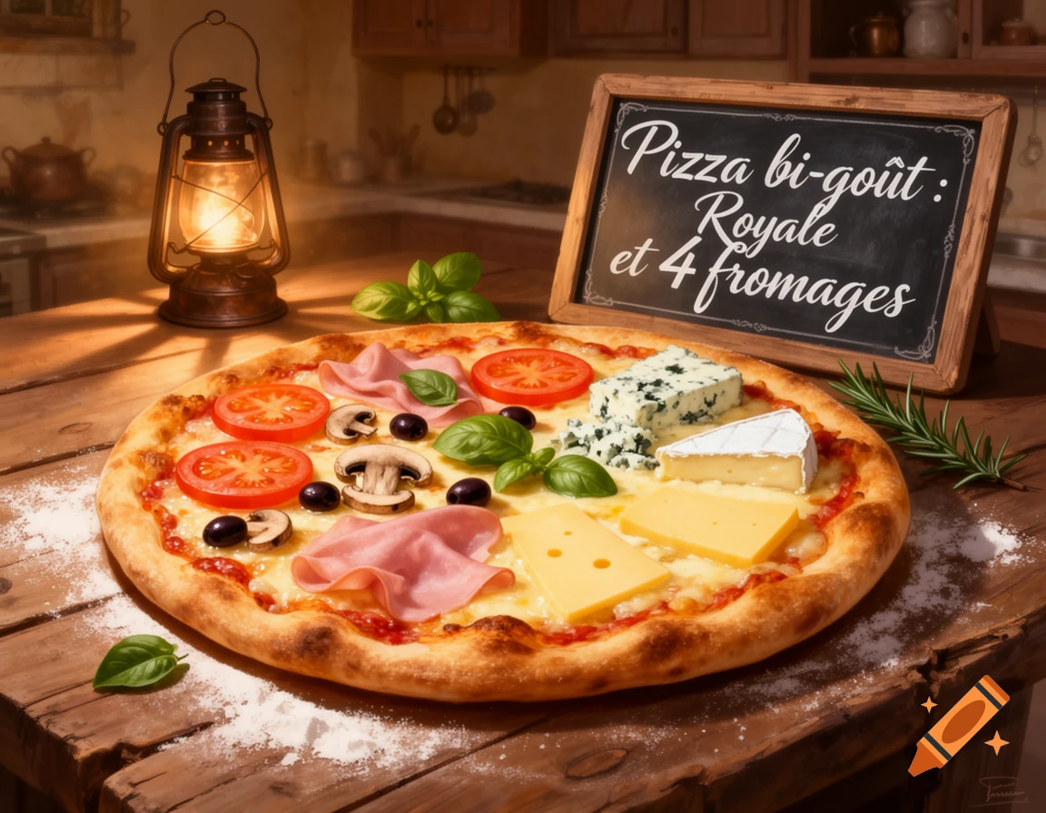 Photorealistic dual-flavor pizza, Royale and four cheese, on a rustic wooden table with a blackboard and lantern in a warm kitchen.