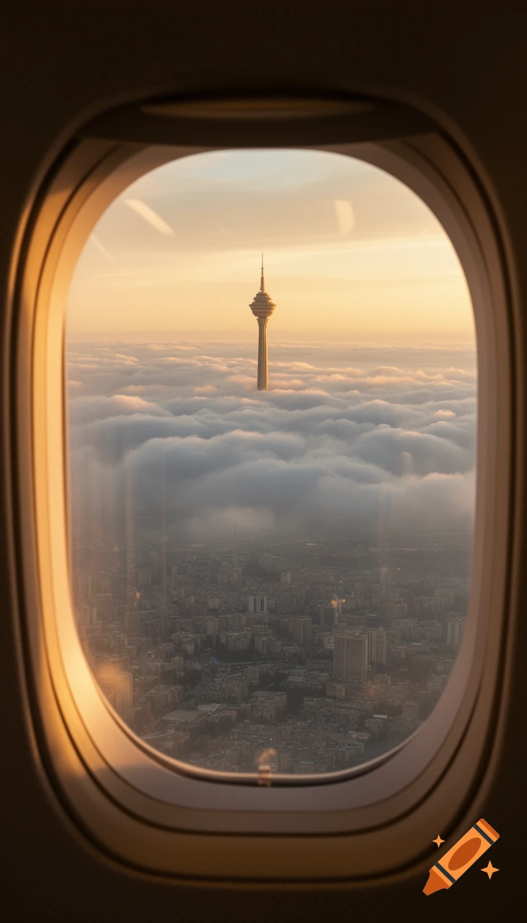 Photorealistic cinematic view from an airplane window at sunset, with Milad Tower rising above clouds over Tehran.