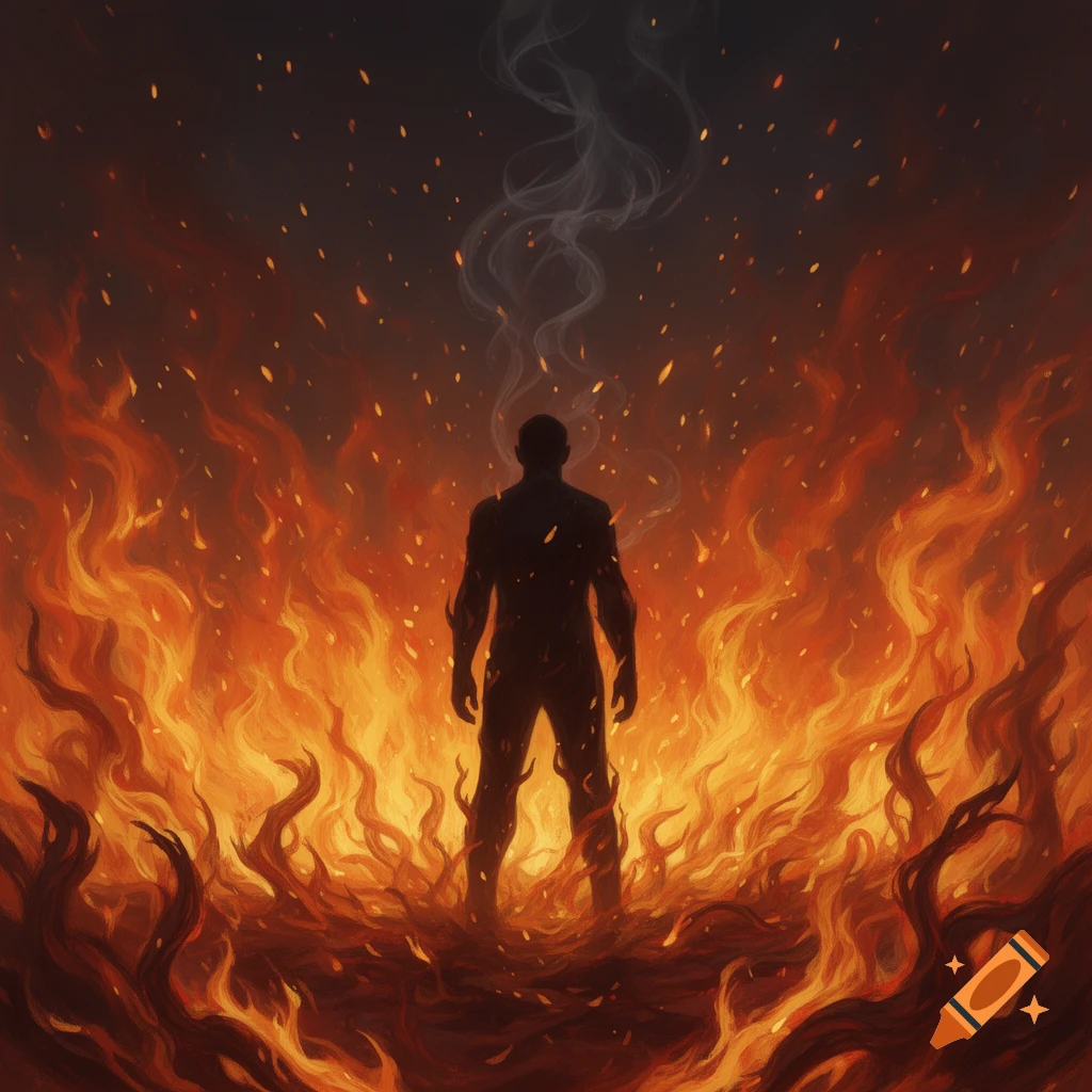 Silhouette of a person standing in a turbulent sea of orange and red flames with smoke rising.