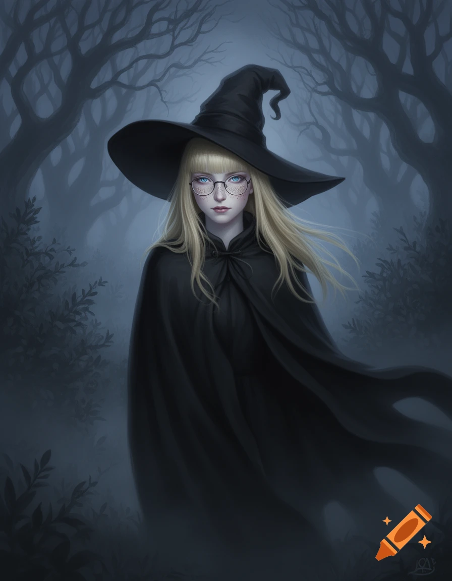 A blonde witch with glasses and freckles wears a black cloak and hat, standing in a dark, misty forest.