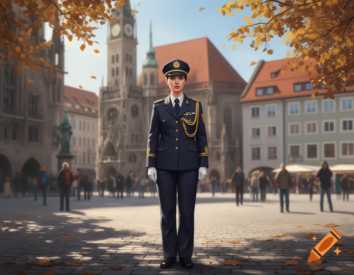 A woman in a navy blue traffic warden uniform with gold accents stands in a sunlit city square adorned with autumn leaves, a blurred clock tower and buildings in the background.
