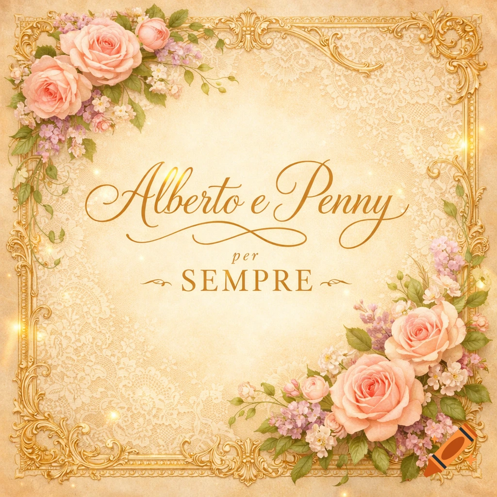 A vintage-style wedding invitation with a golden ornate frame, pink roses, and lace, featuring the text "Alberto e Penny per SEMPRE".