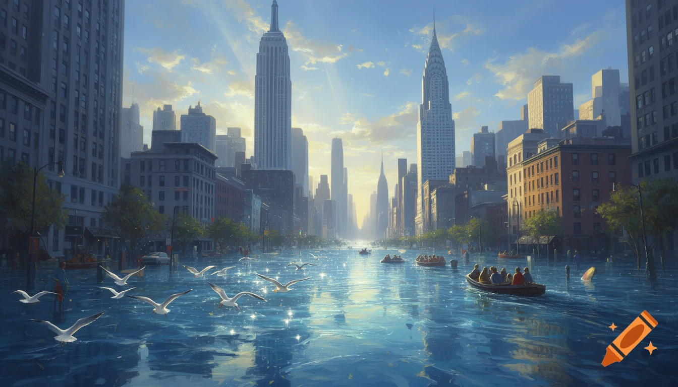 Photorealistic painting of a flooded New York City street with iconic skyscrapers, boats carrying people, and seagulls.