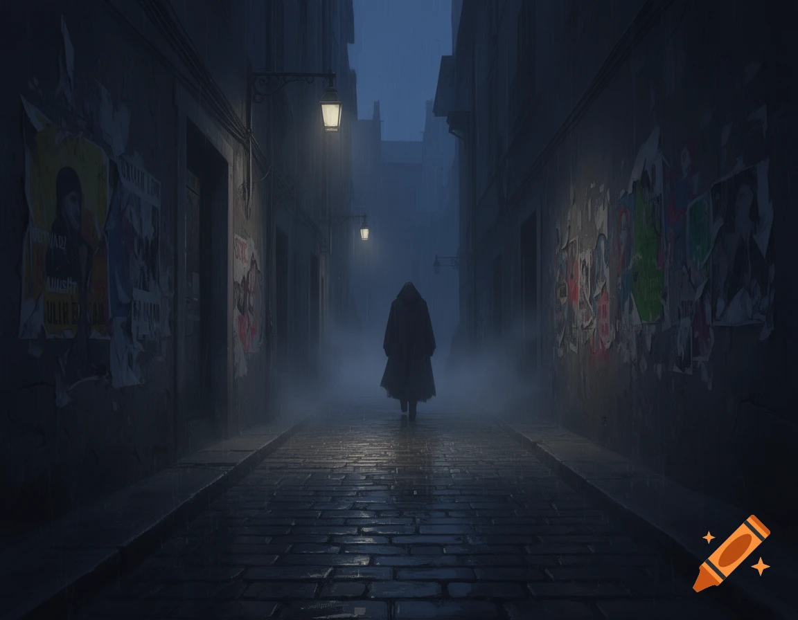 A solitary figure walks through a dark, foggy cobblestone alley at night, lit by streetlights. Posters adorn the gloomy walls.